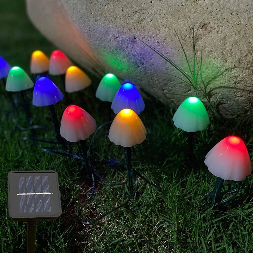 LED Solar Mushroom String Lights 10–30 Bulbs – Outdoor Garden, Path, Lawn, Patio, Christmas & Landscape Decoration