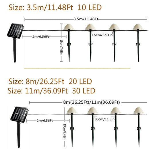 LED Solar Mushroom String Lights 10–30 Bulbs – Outdoor Garden, Path, Lawn, Patio, Christmas & Landscape Decoration